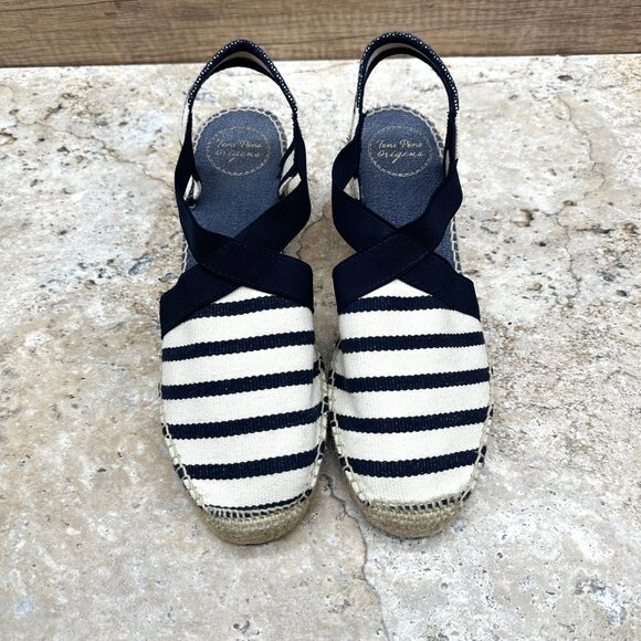 Toni Pons Origens Striped Espadrille Wedge Sandals Navy White Size 39 2.5" Heel - Picture 2 of 10
